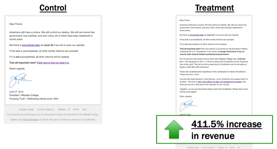 hillsdale value prop email experiment