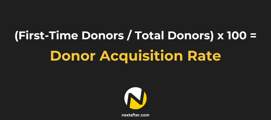 Donor Acquisition Rate = First-Time Donors / Total Donors x 100