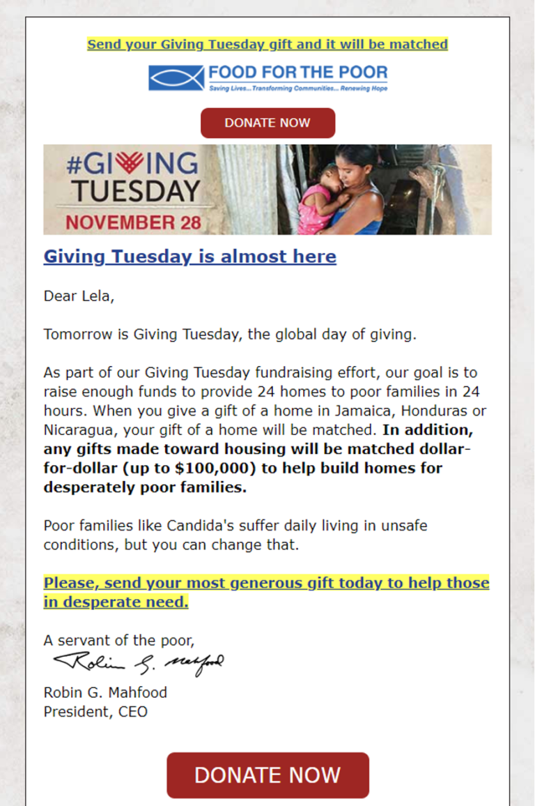 A year-end fundraising email example of a pre-giving Tuesday email
