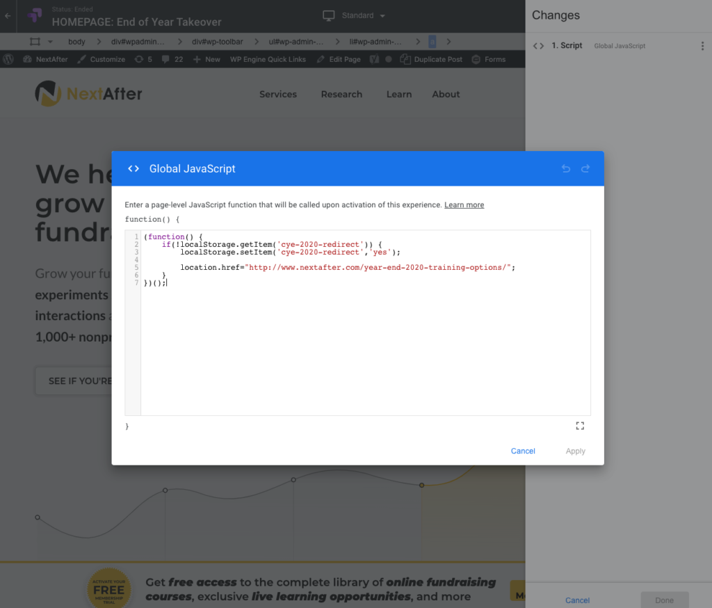 Google Optimize homepage takeover script example