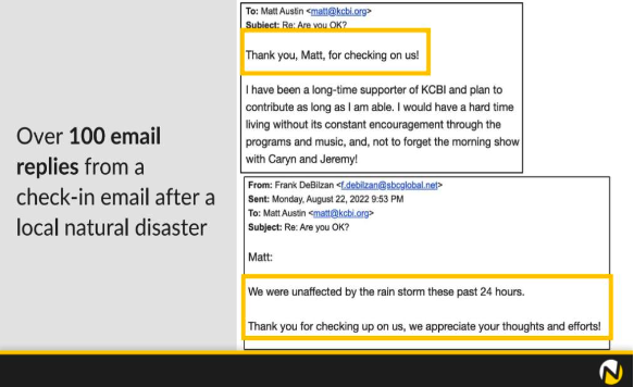 emails from donors expressing thanks for checking in